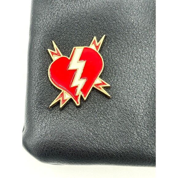 Stradivarius Wristlet‎ Accessory Zipper Bag Sewn Enamel Pins Blk Silver Hardware - Picture 8 of 16